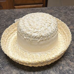 Vintage Boat Style Straw Hat with Grosgrain Trim and Bow